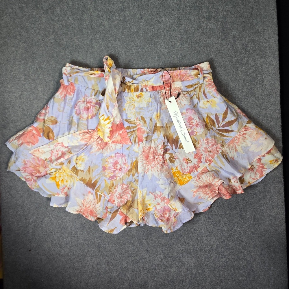 Mustard Seed Floral Ruffle Shorts Purple Pink Yellow Tie Waist S21654NAN Medium